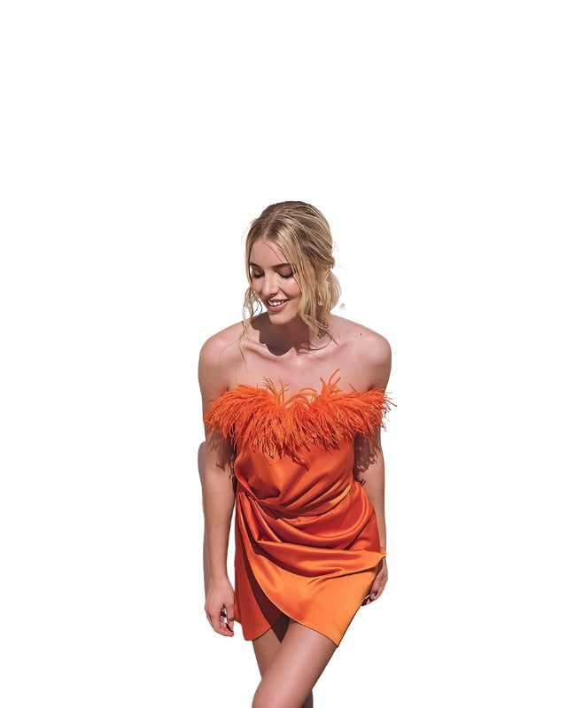 Vestido Corto Plumas Naranjo