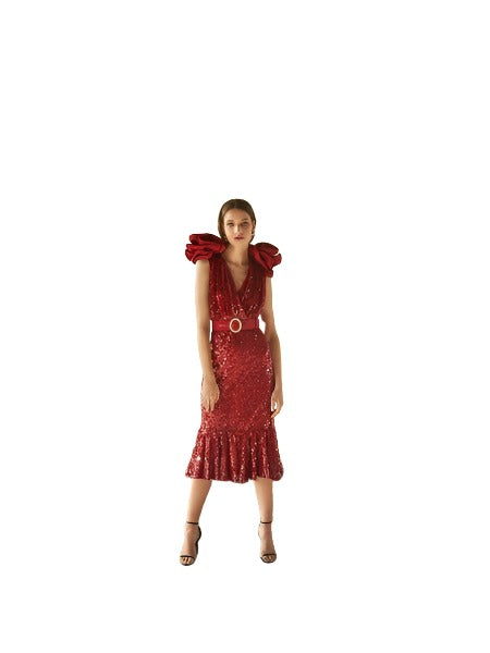 Vestido de lentejuelas rojas maxi flor